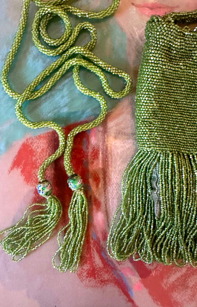 Beaded Lariat + Fringed Purse Set / 1920s