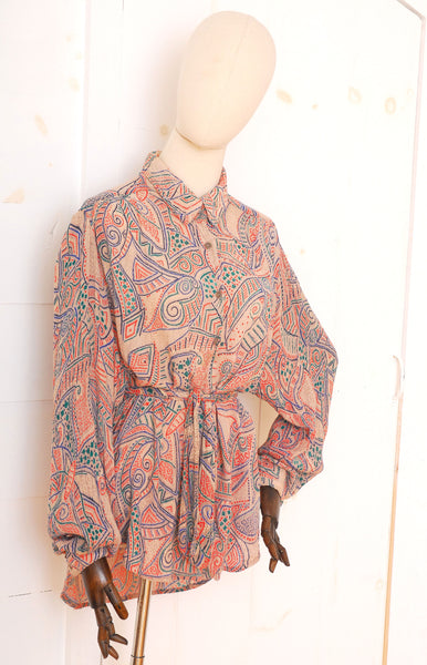 ADINI Patterned Blouse with Tie / 1970s