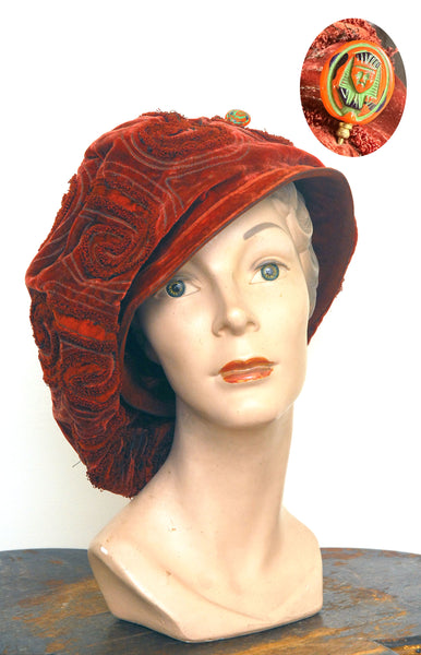 1910's-20's Velvet Swirl Hat with Egyptian Pin