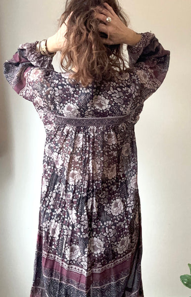 1970s Dark Floral Indian Cotton Dress