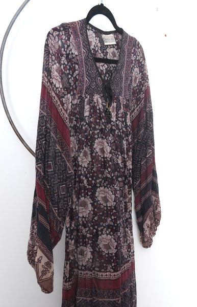 1970s Dark Floral Indian Cotton Dress
