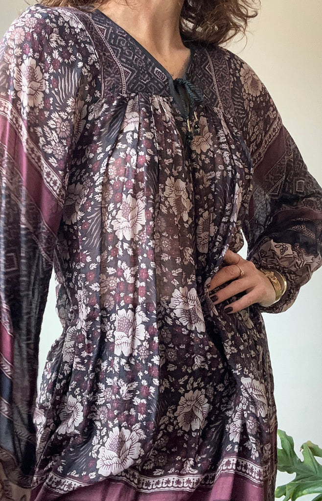 1970s Dark Floral Indian Cotton Dress