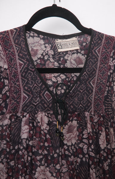 1970s Dark Floral Indian Cotton Dress