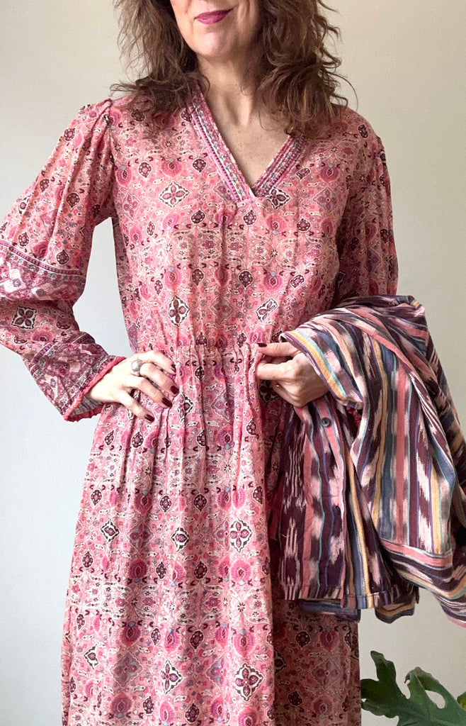1970s Coral Floral Indian Cotton Dress