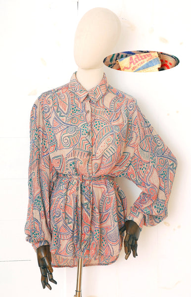 ADINI Patterned Blouse with Tie / 1970s