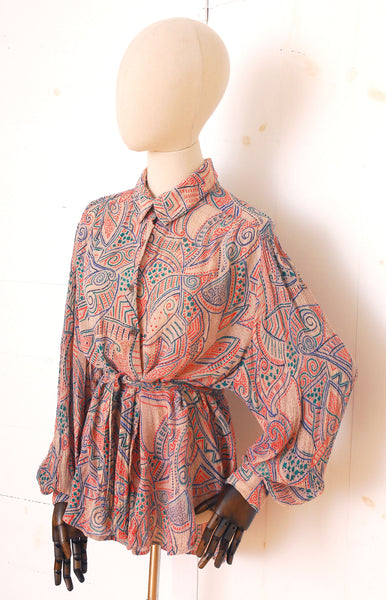 ADINI Patterned Blouse with Tie / 1970s