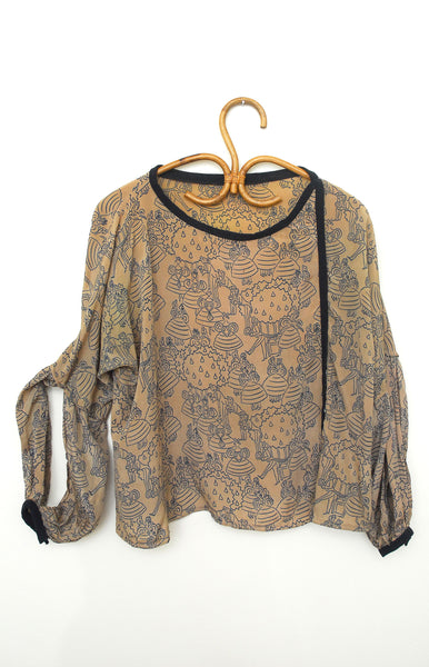 as is | 1920's Open Sleeve Silk Party Print Blouse