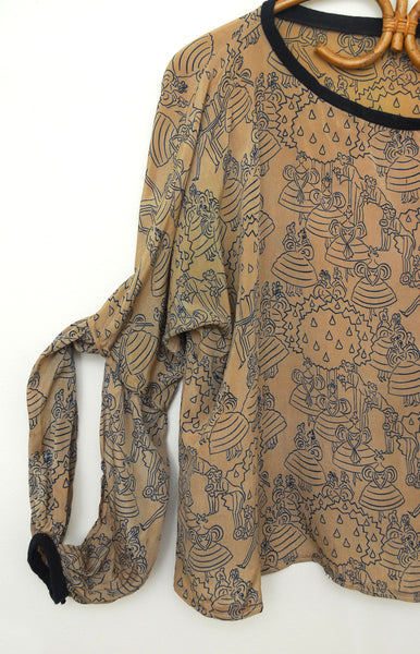 as is | 1920's Open Sleeve Silk Party Print Blouse