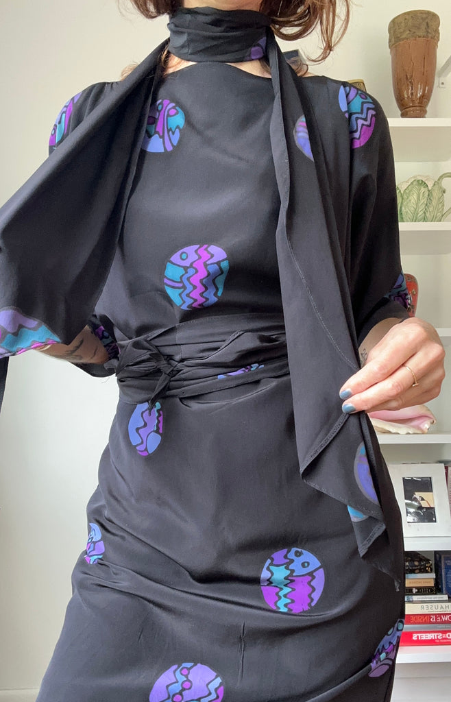 1980's Art Silk Dress w/ 3 Scarves