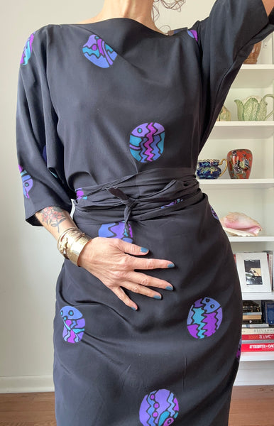 1980's Art Silk Dress w/ 3 Scarves