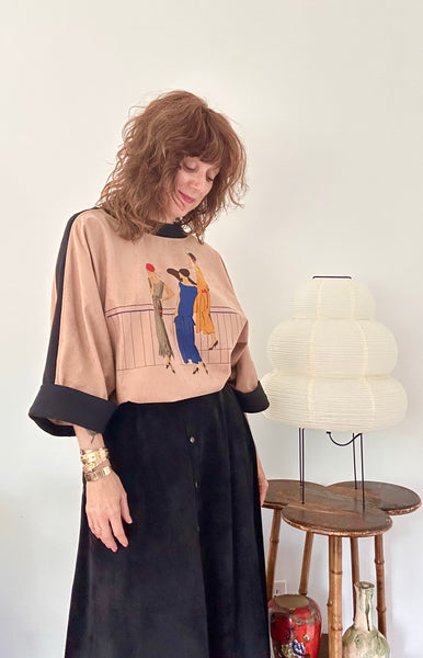 1980s Deco Lady Print Top