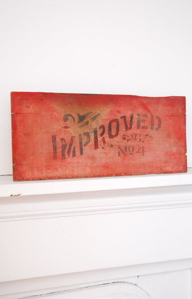 Antique "Improved" Sign on Wood w/ hanging wire