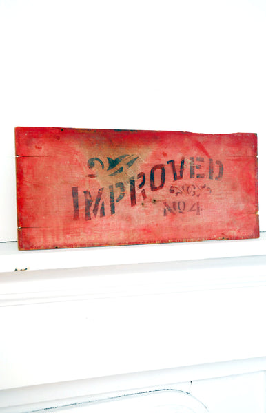 sale | Antique "Improved" Sign on Wood w/ hanging wire