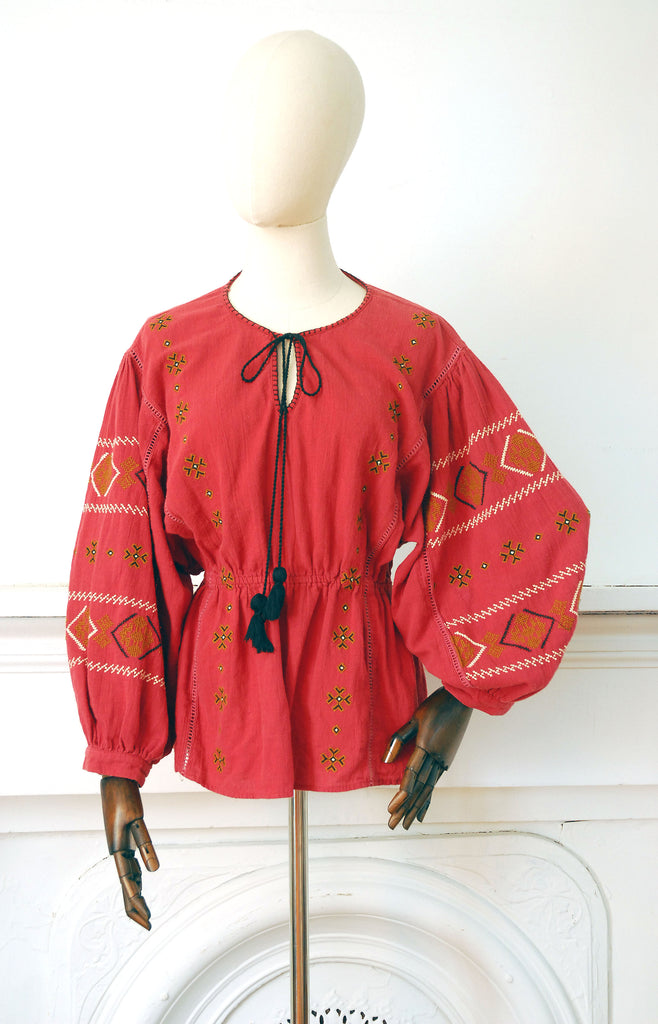 Embroidered Ballon Sleeve Blouse / c.2000s