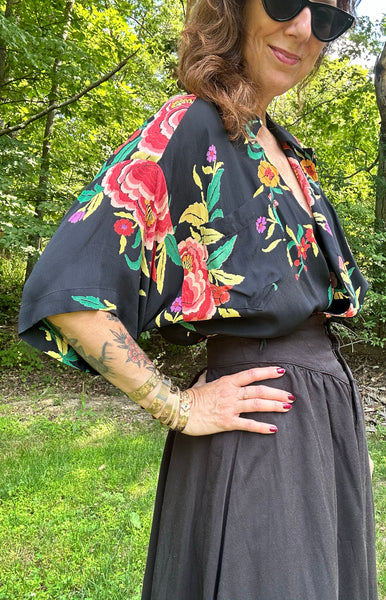 1980s Norma Kamali Piano Shawl Print Blouse