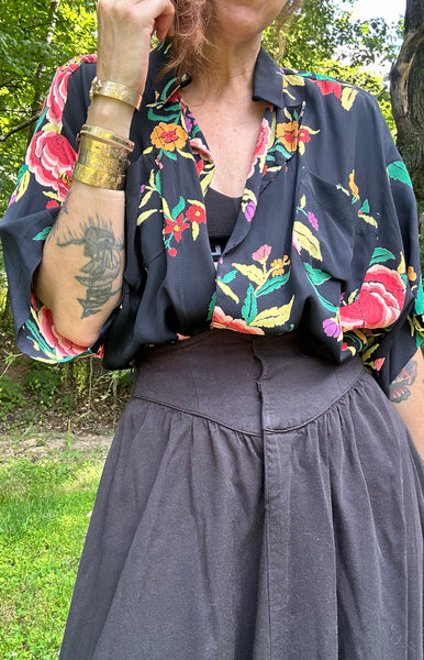 1980s Norma Kamali Piano Shawl Print Blouse