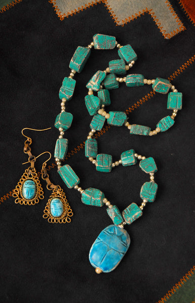 Scarab Earrings & Necklace Set / 1960s-70s