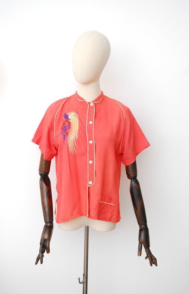 Coral Embroidered Bird Top / 1930s