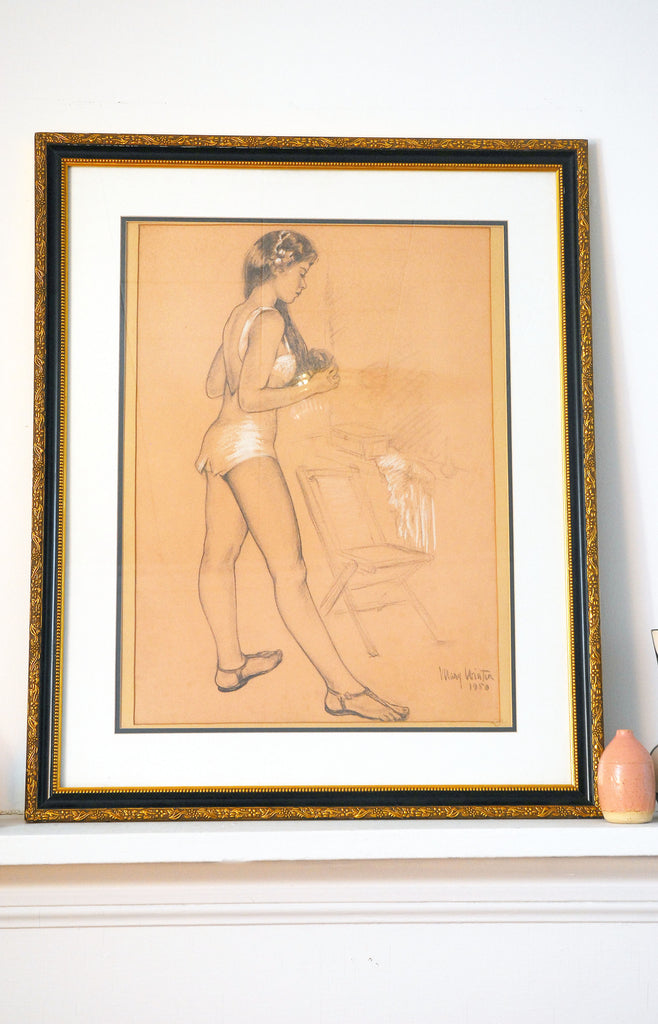 RESERVED * Young Woman in Boudoir, Large Drawing / 1950
